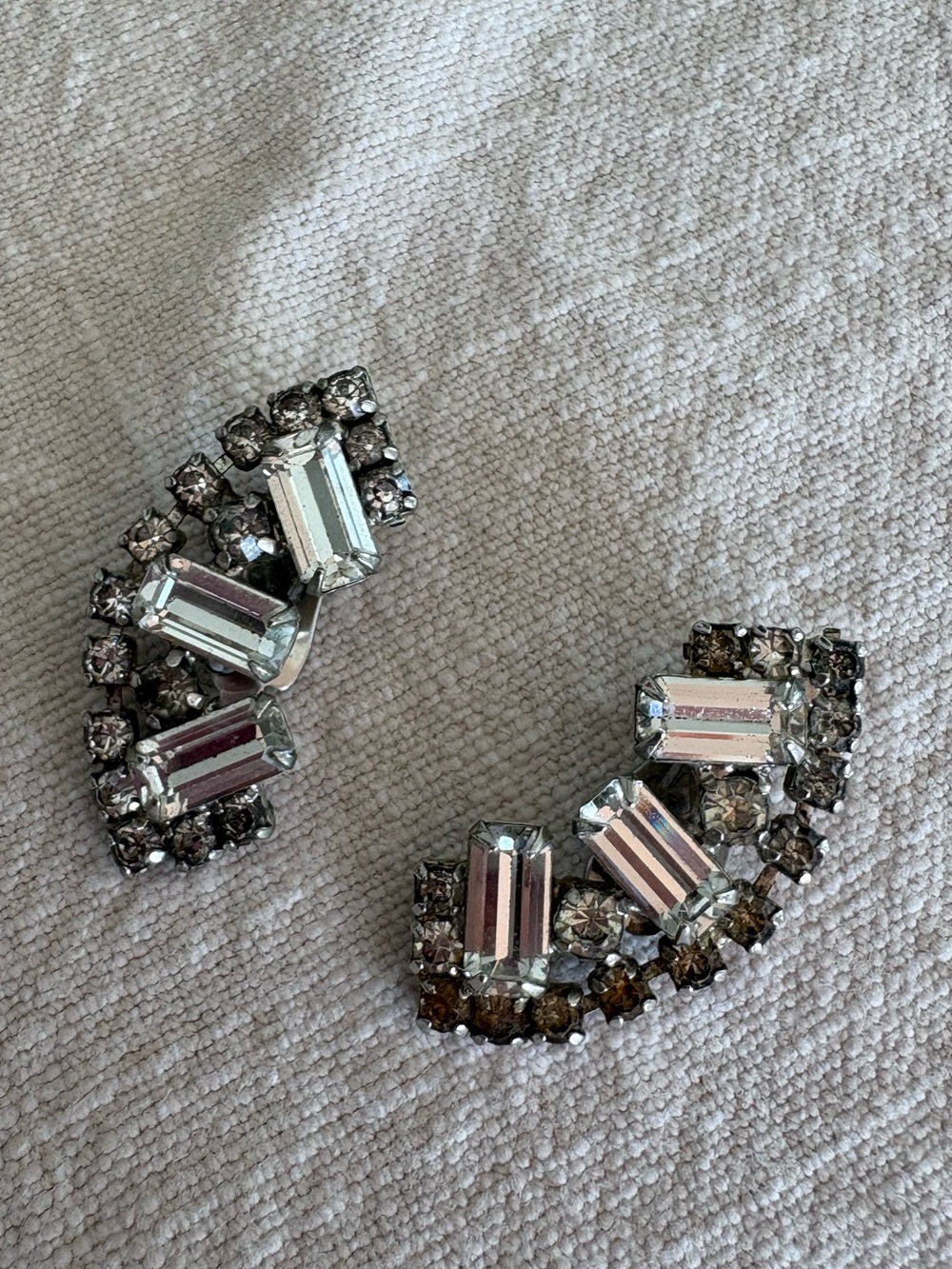 Vintage Crystal Baguette Crescent Clip-On Earrings - Silver Tone